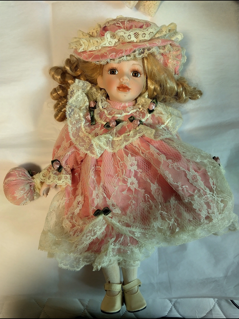 Vintage Porcelain Fashion Doll in Pink Lace Dress with Matching Hat